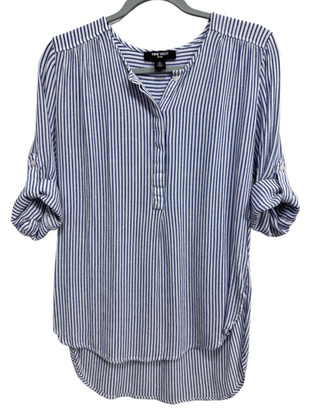 Nine West Blue & White Stripe Georgia Roll-Tab Tunic Shirt M